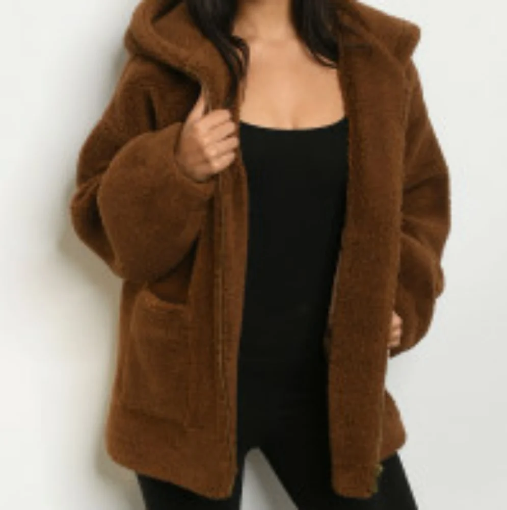 Teddy bear Sherpa hooded jacket coat in brown - Picture 3 of 8